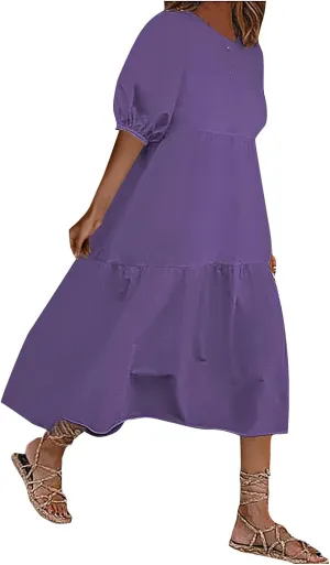 Women Cotton Linen Dresses Lantern Short Sleeve Crew Neck Long Dress Ruffle Flowy Tiered A Line Sundress Plus Size