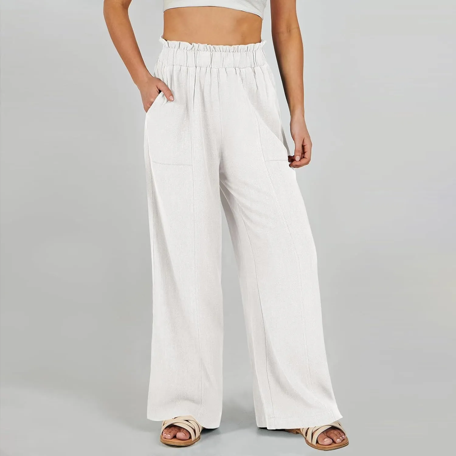 Women Cotton Linen Pants 2025 Summer Wide Leg Pants Ruffle Palazzo Pant Flowy Boho Beach Lounge Trousers with Pockets