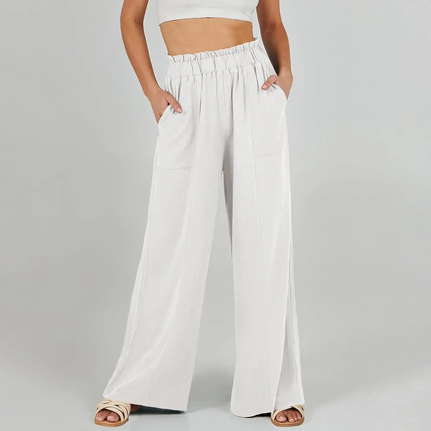 Women Cotton Linen Pants 2025 Summer Wide Leg Pants Ruffle Palazzo Pant Flowy Boho Beach Lounge Trousers with Pockets