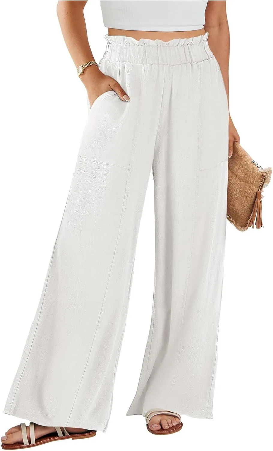 Women Cotton Linen Pants 2025 Summer Wide Leg Pants Ruffle Palazzo Pant Flowy Boho Beach Lounge Trousers with Pockets