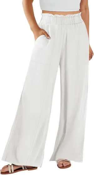 Women Cotton Linen Pants 2025 Summer Wide Leg Pants Ruffle Palazzo Pant Flowy Boho Beach Lounge Trousers with Pockets