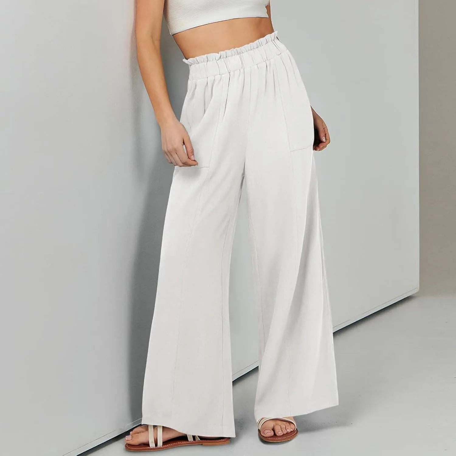 Women Cotton Linen Pants 2025 Summer Wide Leg Pants Ruffle Palazzo Pant Flowy Boho Beach Lounge Trousers with Pockets