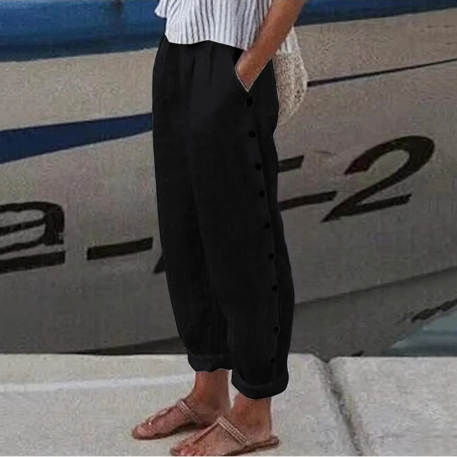 Women Cotton Linen Summer Palazzo Pant Trousers High Waist Straight Loose Fit Palazzo Pants Beach