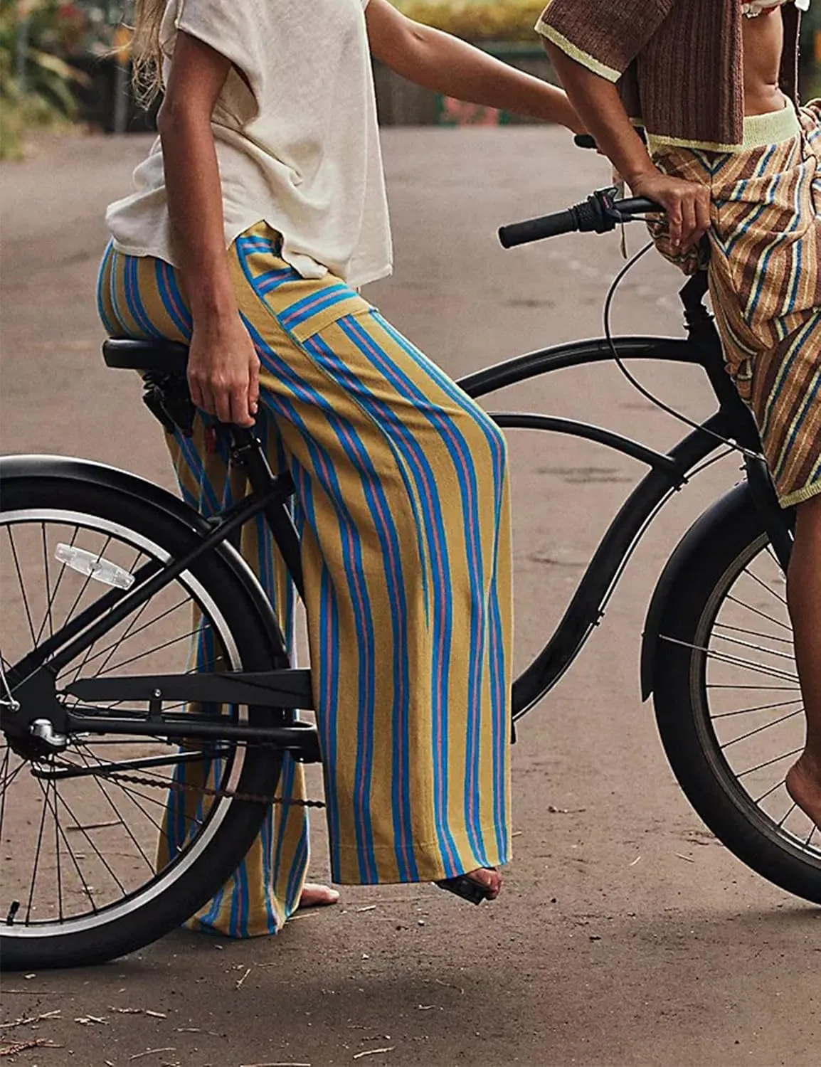 Women Drawstring Waist Stripe Wide Leg Pants Palazzo Pants for Women Casual Trousers Lounge Pants with Pockets