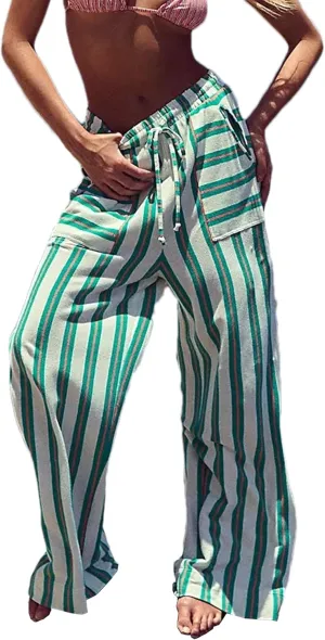 Women Drawstring Waist Stripe Wide Leg Pants Palazzo Pants for Women Casual Trousers Lounge Pants with Pockets