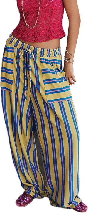 Women Drawstring Waist Stripe Wide Leg Pants Palazzo Pants for Women Casual Trousers Lounge Pants with Pockets