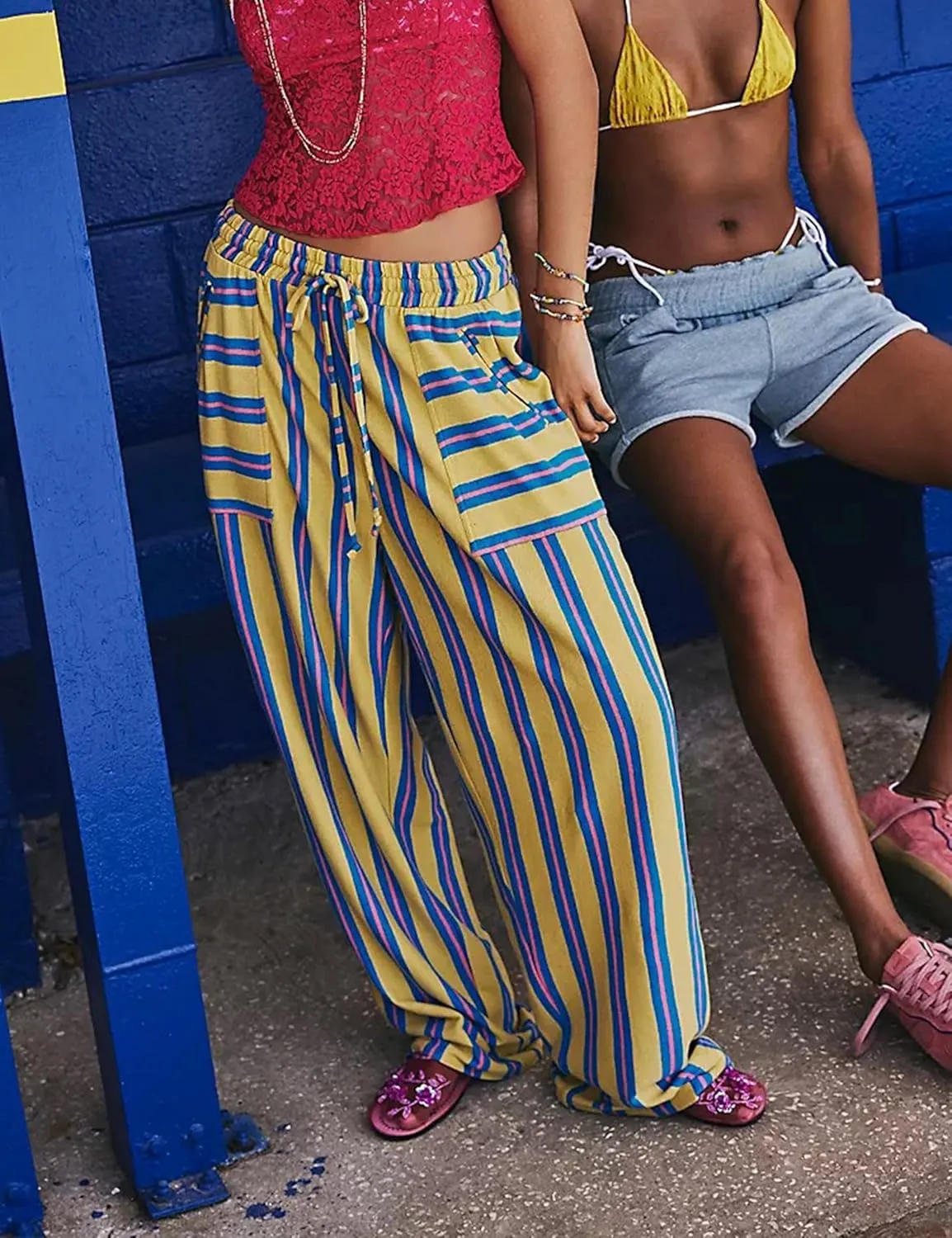 Women Drawstring Waist Stripe Wide Leg Pants Palazzo Pants for Women Casual Trousers Lounge Pants with Pockets