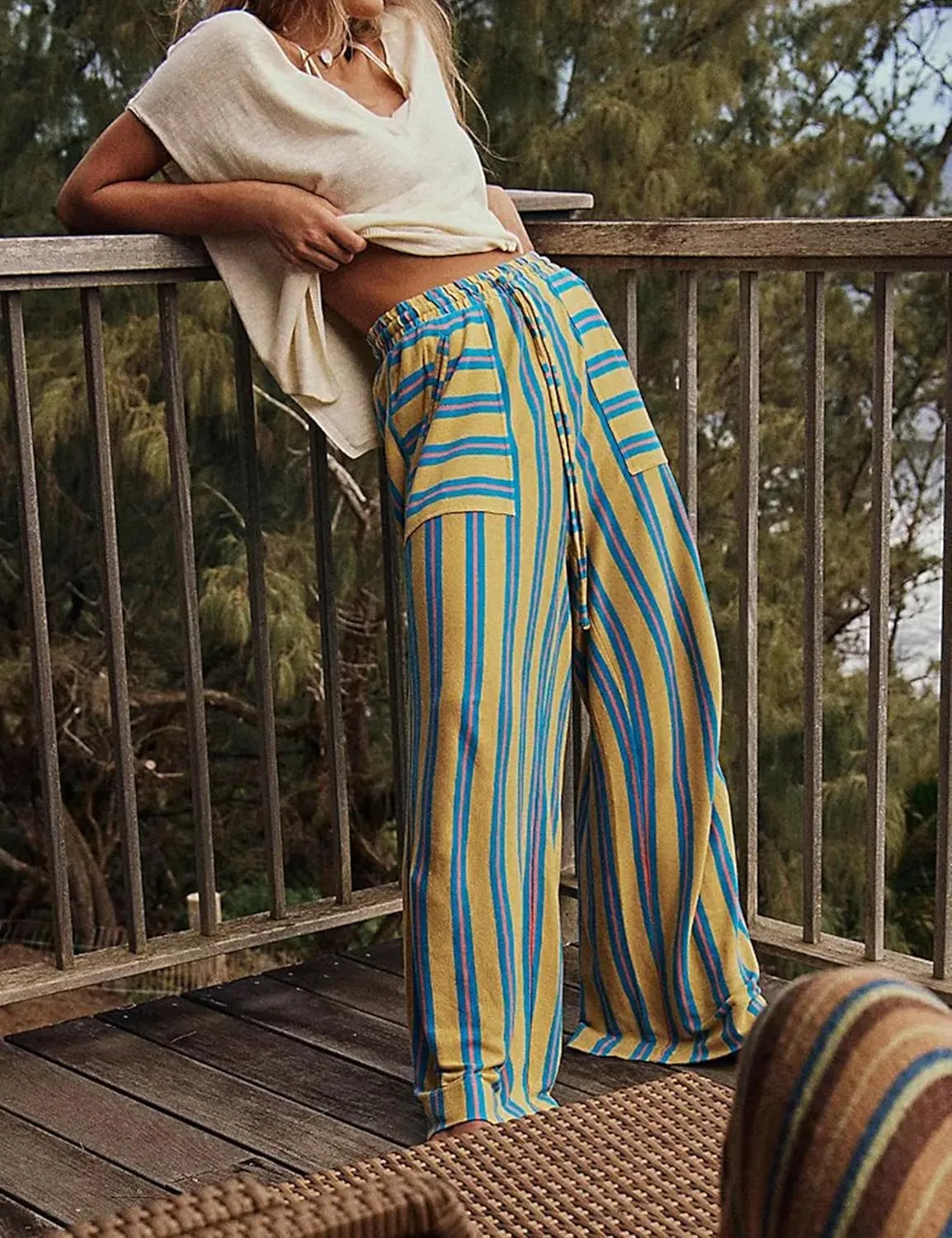 Women Drawstring Waist Stripe Wide Leg Pants Palazzo Pants for Women Casual Trousers Lounge Pants with Pockets