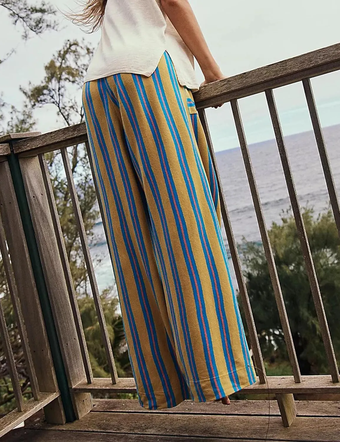 Women Drawstring Waist Stripe Wide Leg Pants Palazzo Pants for Women Casual Trousers Lounge Pants with Pockets