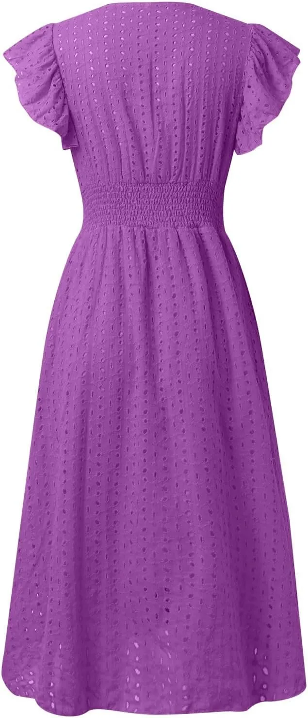 Women Eyelet Dress Midi Flutter Sleeve V Neck Smocked Waist Dresses Summer Sexy A Line Lace Embroidery Sun Dress