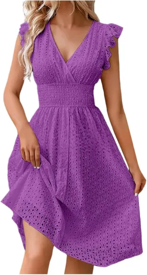 Women Eyelet Dress Midi Flutter Sleeve V Neck Smocked Waist Dresses Summer Sexy A Line Lace Embroidery Sun Dress
