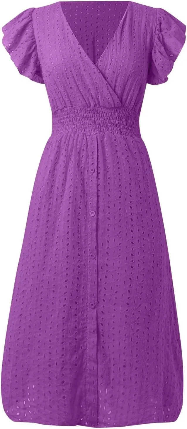 Women Eyelet Dress Midi Flutter Sleeve V Neck Smocked Waist Dresses Summer Sexy A Line Lace Embroidery Sun Dress