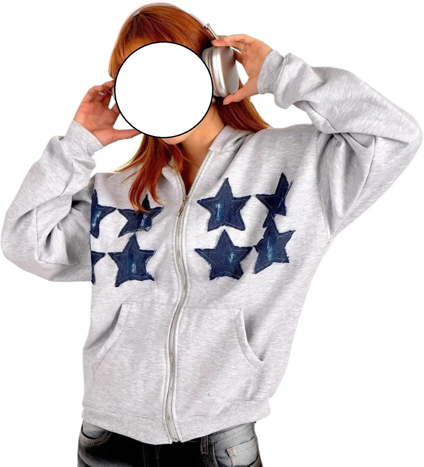 Women Gothic Star Zip Up Hoodie Long Sleeve Patchwork Oversized Aesthetic Goth Hooded Sweatshirts Streetwear Tops