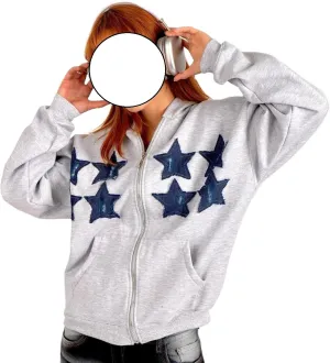 Women Gothic Star Zip Up Hoodie Long Sleeve Patchwork Oversized Aesthetic Goth Hooded Sweatshirts Streetwear Tops