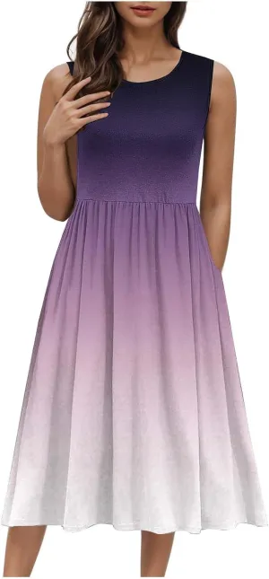 Women Gradient Tank A-Line Dresses Summer Sleeveless High Waist Midi Dress Casual Flowy Beach Sundress with Pockets