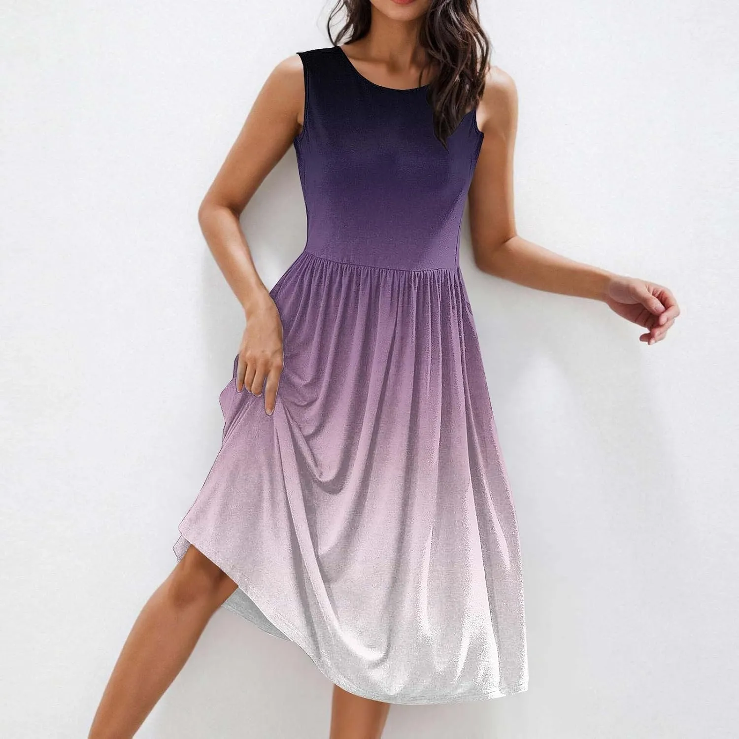 Women Gradient Tank A-Line Dresses Summer Sleeveless High Waist Midi Dress Casual Flowy Beach Sundress with Pockets