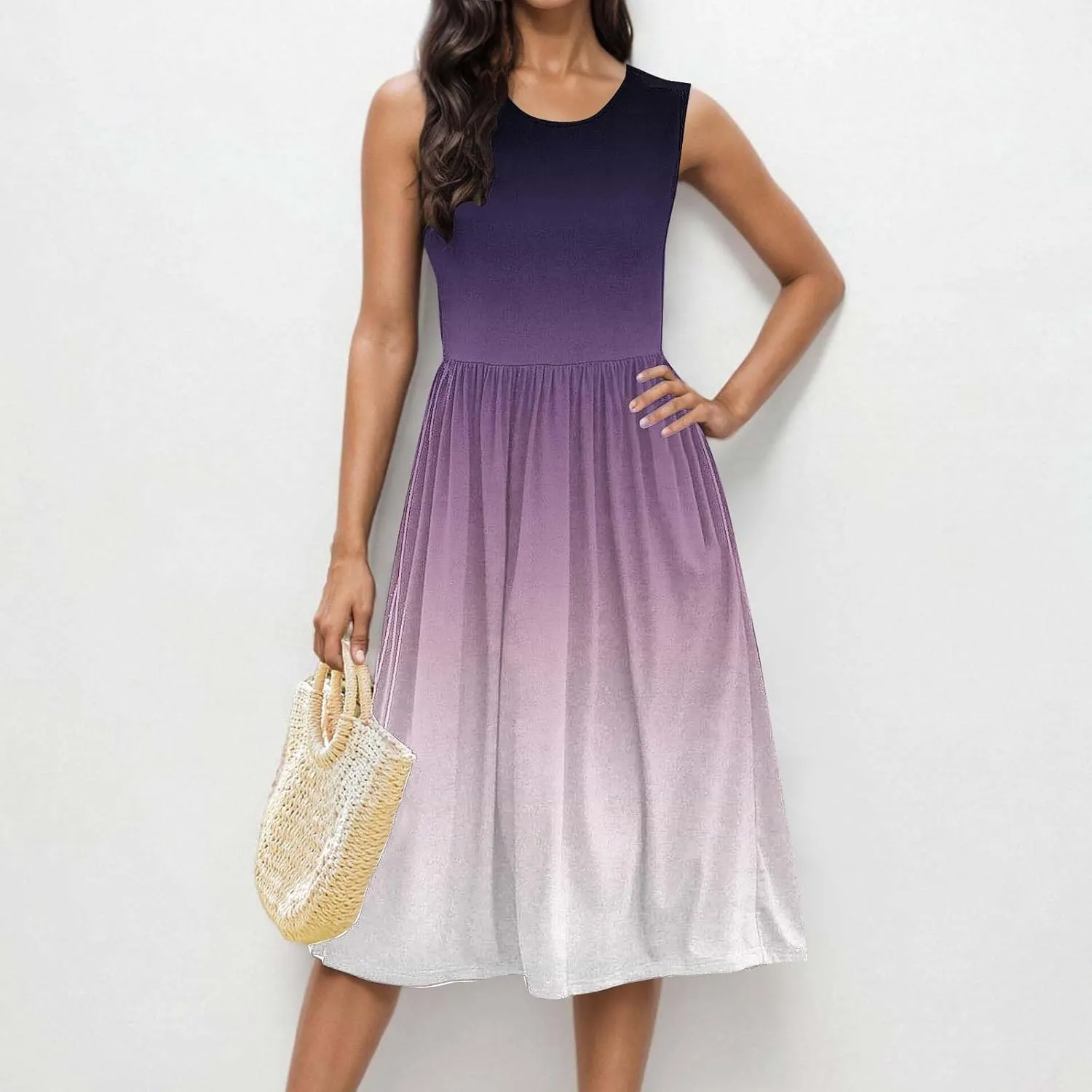 Women Gradient Tank A-Line Dresses Summer Sleeveless High Waist Midi Dress Casual Flowy Beach Sundress with Pockets