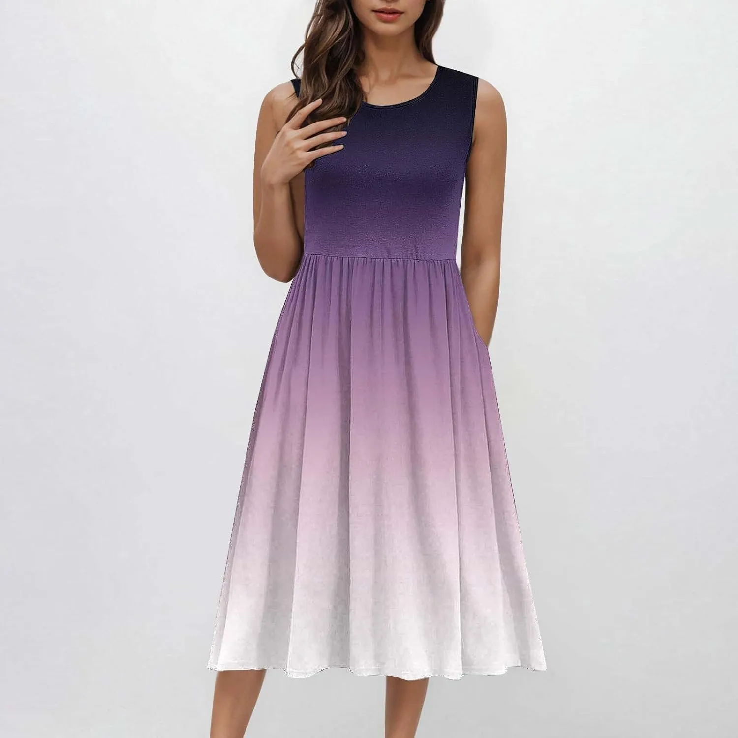 Women Gradient Tank A-Line Dresses Summer Sleeveless High Waist Midi Dress Casual Flowy Beach Sundress with Pockets