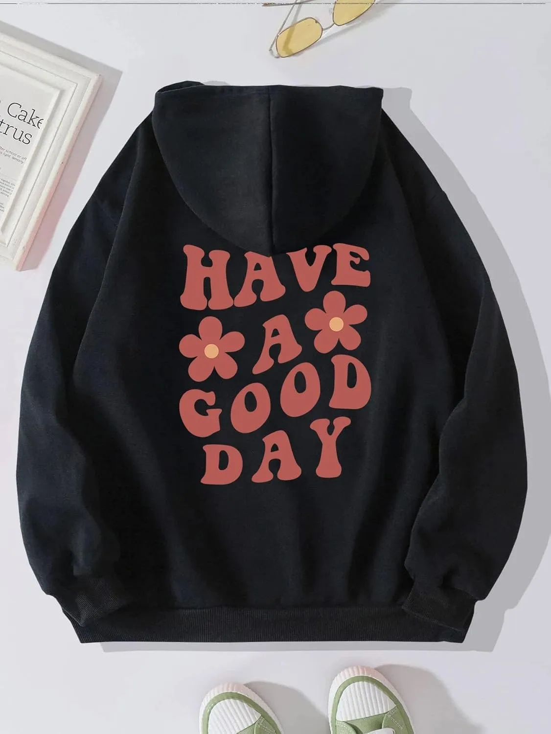 Women Have Happy A Good Day Hoodie Graphic Print Sweatshirt Oversize Drop Shoulder Fleece Hooded Aesthetic Pullover