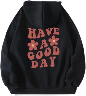 Women Have Happy A Good Day Hoodie Graphic Print Sweatshirt Oversize Drop Shoulder Fleece Hooded Aesthetic Pullover