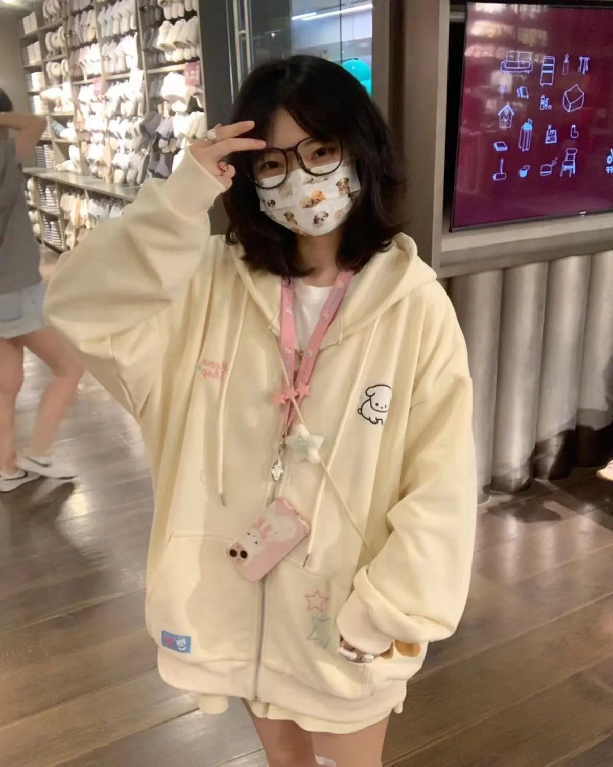 Women Kawaii Oversized Zip Up Hoodie Cute Cartoon Embroidery Casual Pullover Sweatshirt Harajuku Casual Streetwear