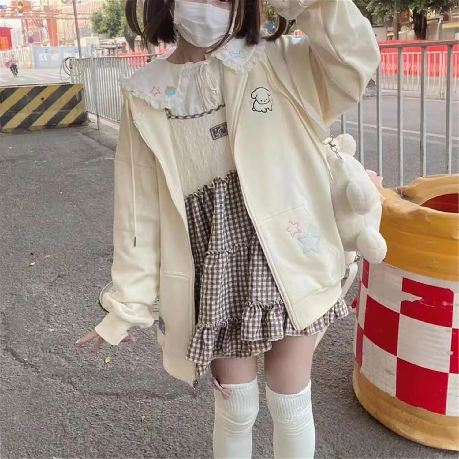 Women Kawaii Oversized Zip Up Hoodie Cute Cartoon Embroidery Casual Pullover Sweatshirt Harajuku Casual Streetwear