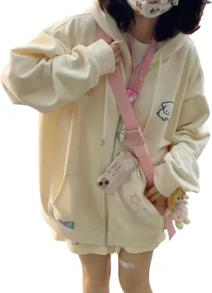 Women Kawaii Oversized Zip Up Hoodie Cute Cartoon Embroidery Casual Pullover Sweatshirt Harajuku Casual Streetwear