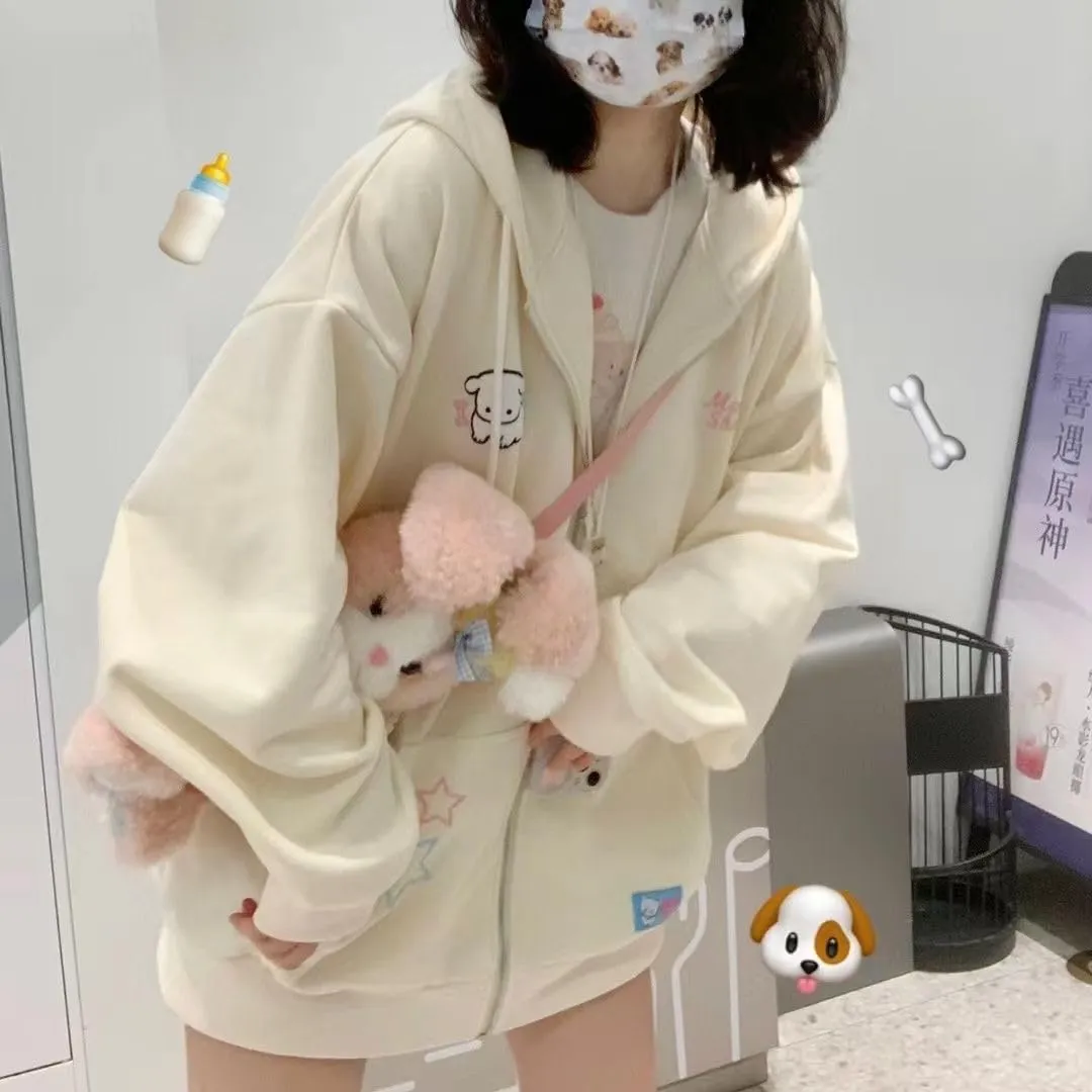 Women Kawaii Oversized Zip Up Hoodie Cute Cartoon Embroidery Casual Pullover Sweatshirt Harajuku Casual Streetwear