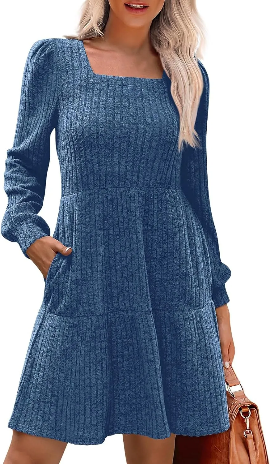 Women Knit Dress Puff Long Sleeve Dress for Fall Winter Square Neck Casual Tunic Dresses Womens Fall Fashion 2024