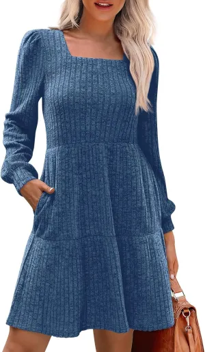 Women Knit Dress Puff Long Sleeve Dress for Fall Winter Square Neck Casual Tunic Dresses Womens Fall Fashion 2024