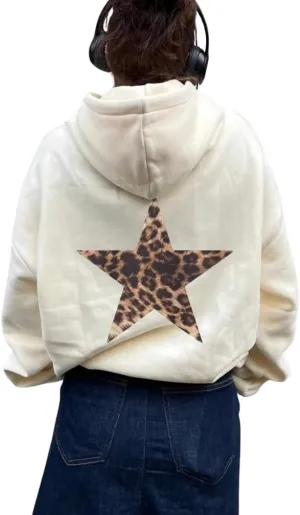 Women Leopard Star Graphic Fleece Hoodie Long Sleeve Drop Shoulder Oversized Aesthetic Hooded Sweatshirt Girls