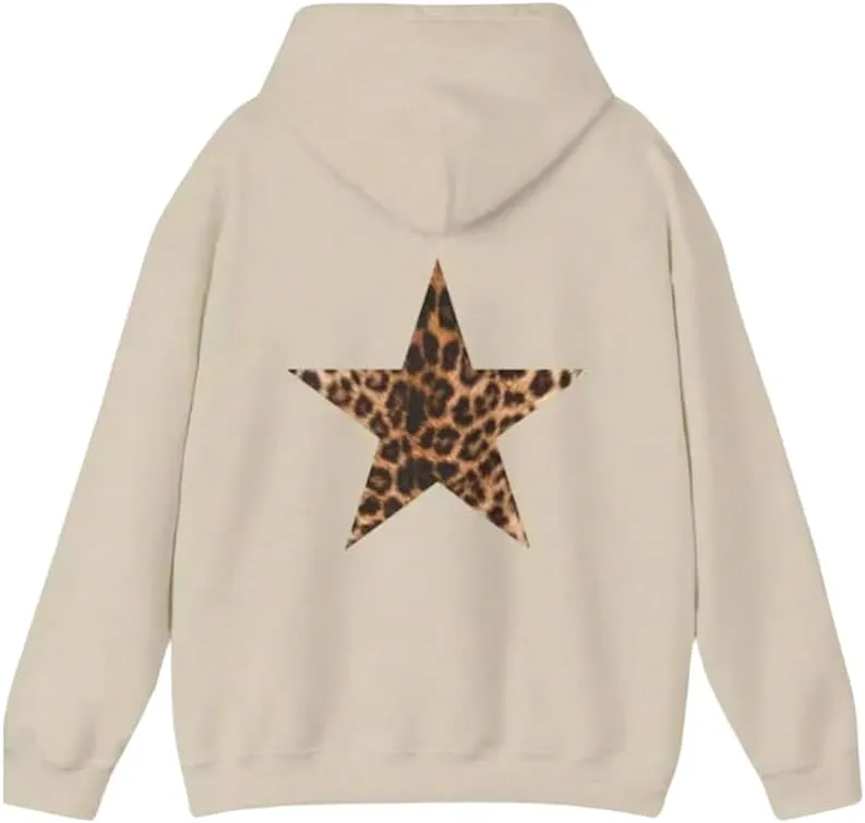 Women Leopard Star Graphic Fleece Hoodie Long Sleeve Drop Shoulder Oversized Aesthetic Hooded Sweatshirt Girls