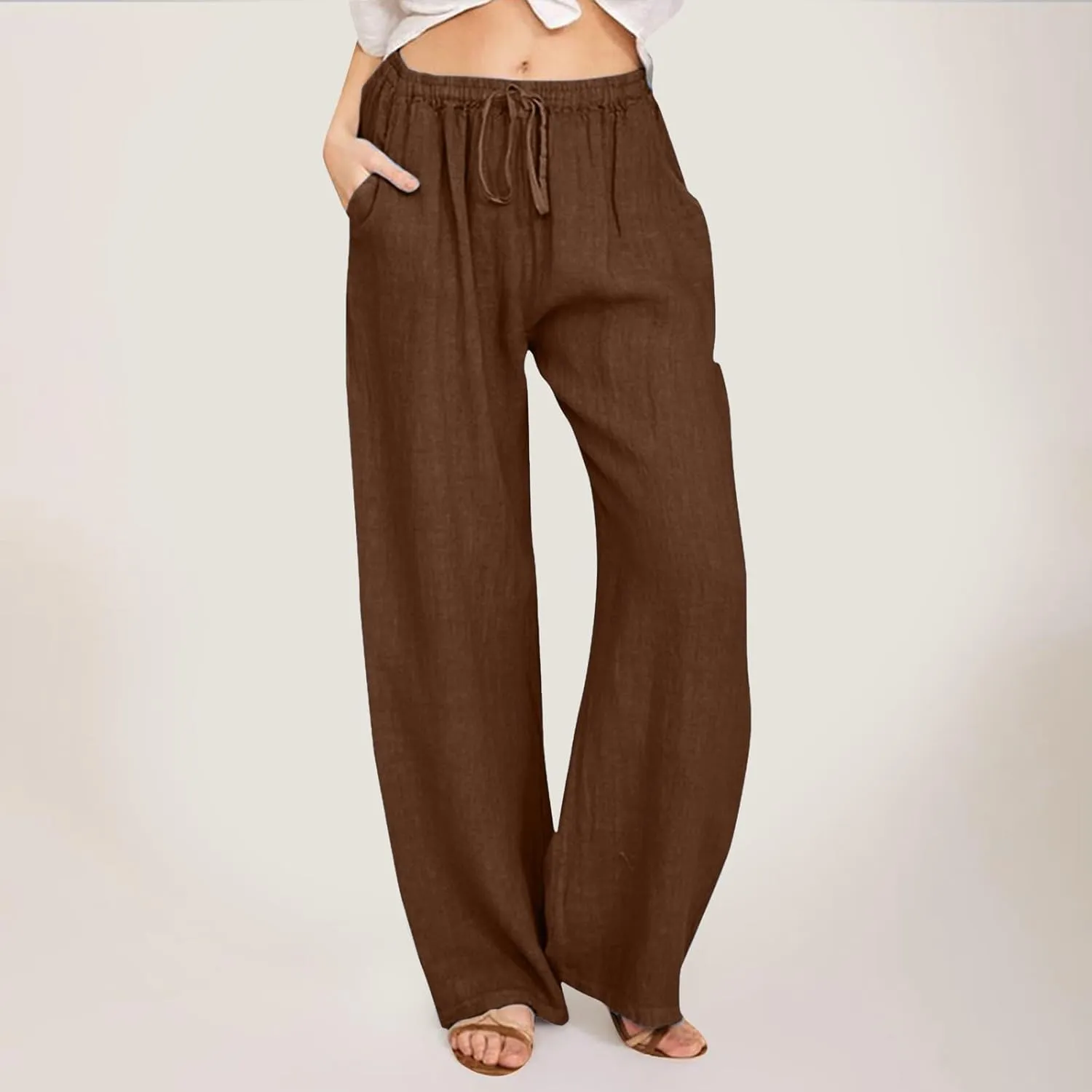 Women Linen Blend Summer Baggy Pants Low Waist Long Lounge Plus Size Pant Trousers Trendy