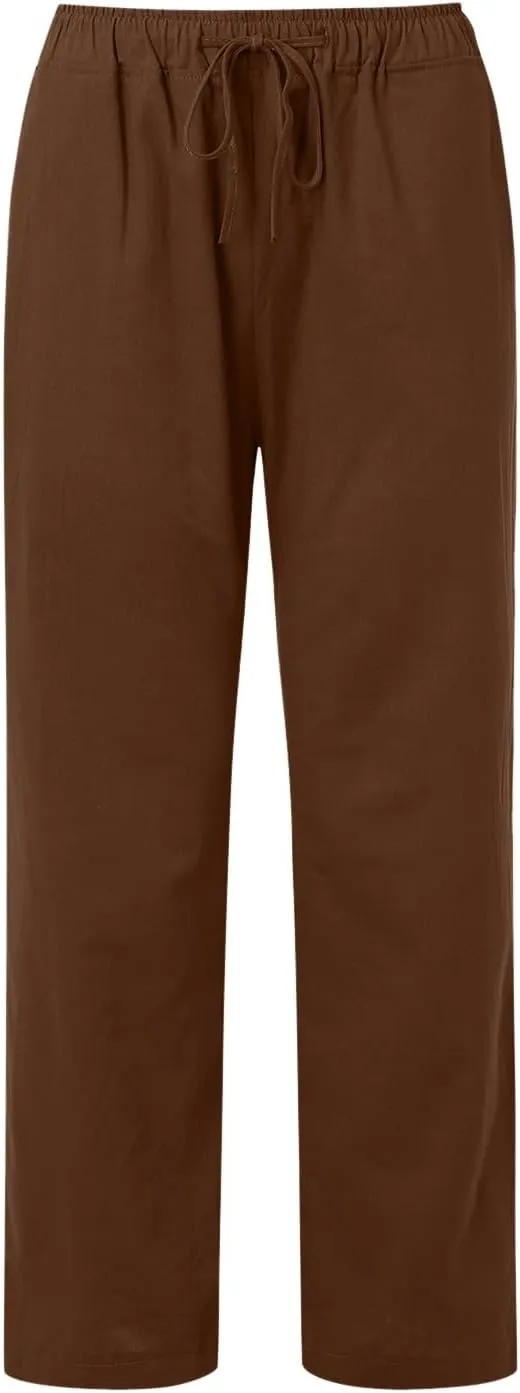 Women Linen Blend Summer Baggy Pants Low Waist Long Lounge Plus Size Pant Trousers Trendy