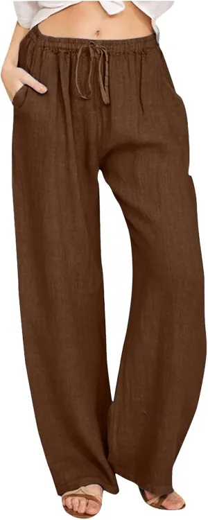Women Linen Blend Summer Baggy Pants Low Waist Long Lounge Plus Size Pant Trousers Trendy