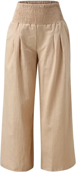 Women Linen Palazzo Pants Casual Summer Wide Leg High Waist Lounge Slacks Beach Flowy Vacation Trousers with Pockets