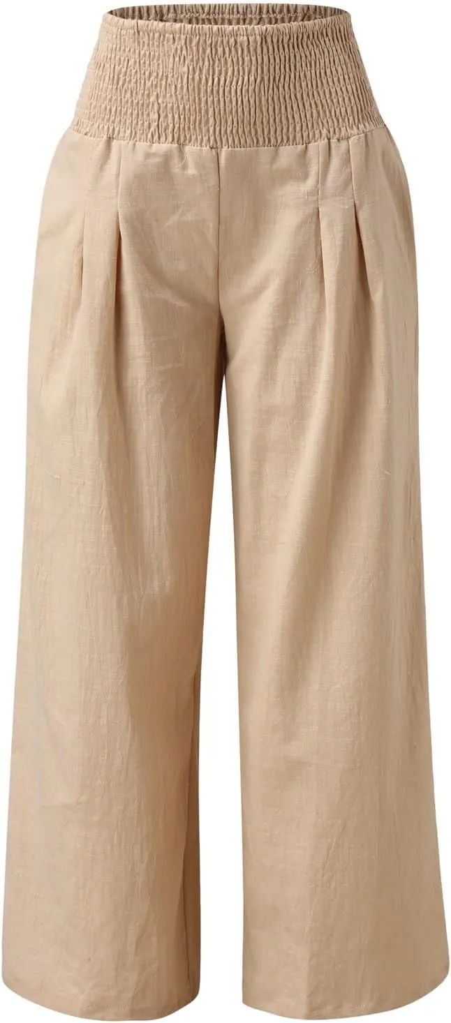 Women Linen Palazzo Pants Casual Summer Wide Leg High Waist Lounge Slacks Beach Flowy Vacation Trousers with Pockets