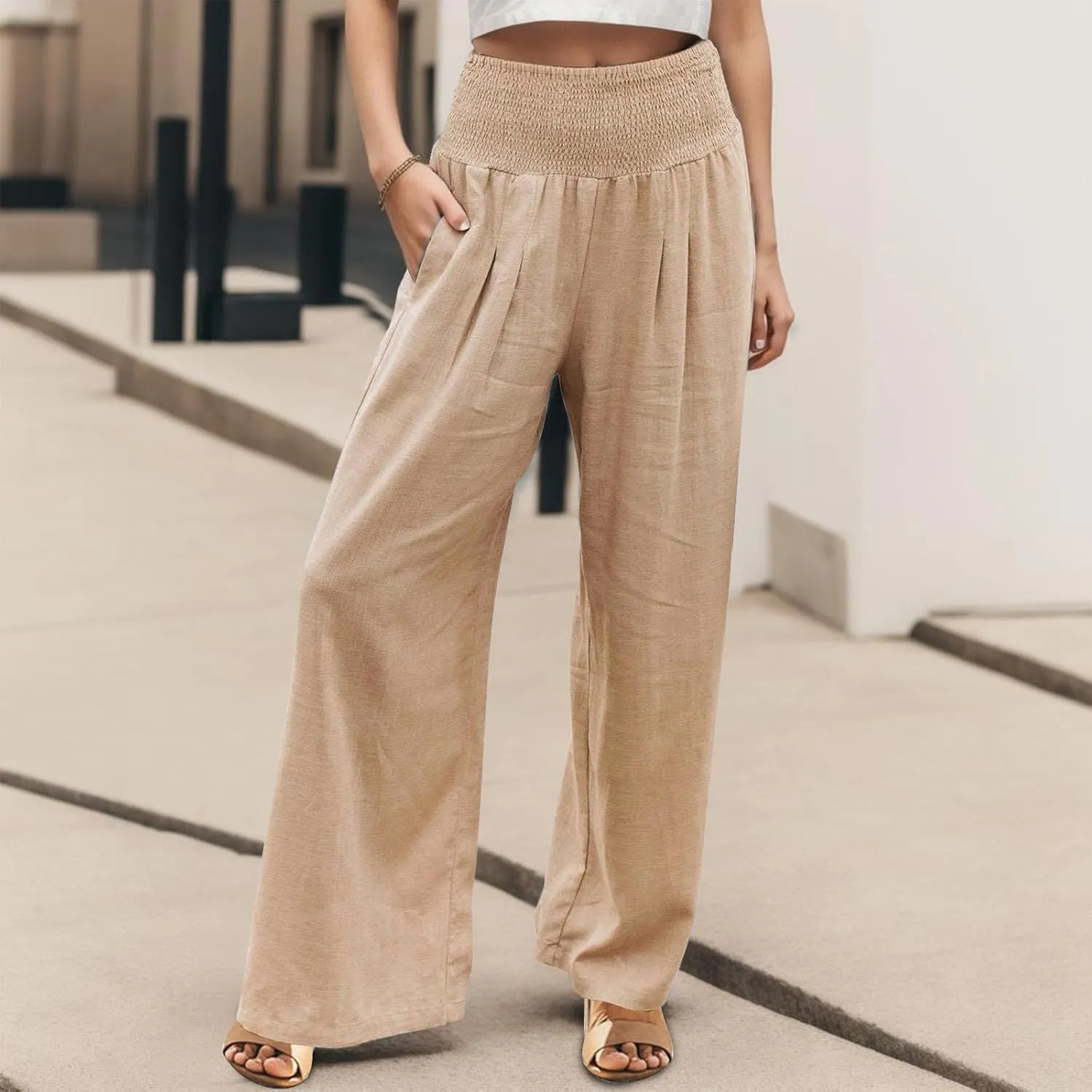 Women Linen Palazzo Pants Casual Summer Wide Leg High Waist Lounge Slacks Beach Flowy Vacation Trousers with Pockets
