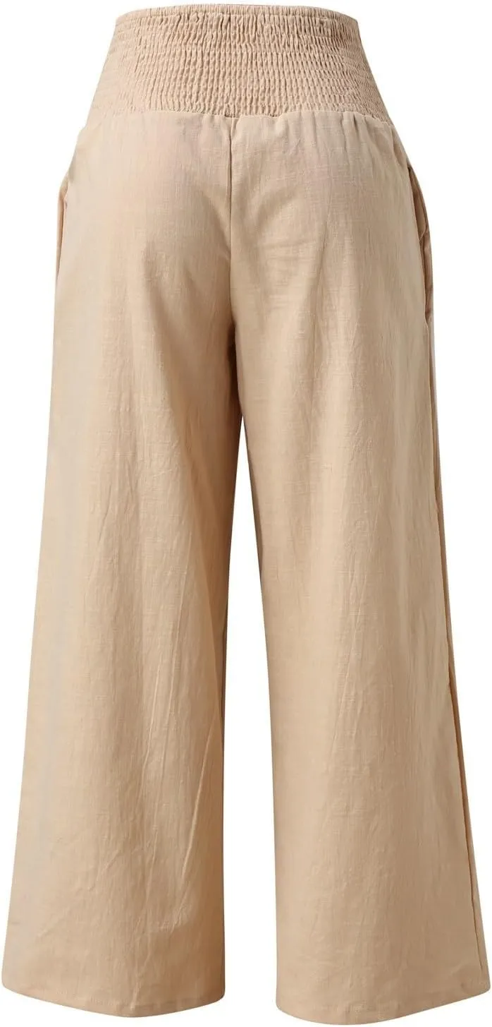 Women Linen Palazzo Pants Casual Summer Wide Leg High Waist Lounge Slacks Beach Flowy Vacation Trousers with Pockets