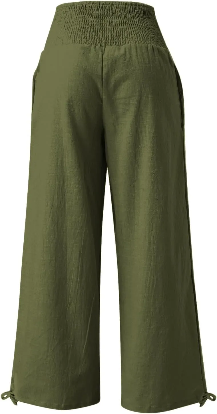 Women Linen Palazzo Pants Summer Wide Leg High Waist Casual Slacks Boho Beach Travel Plus Size Trousers with Pockets