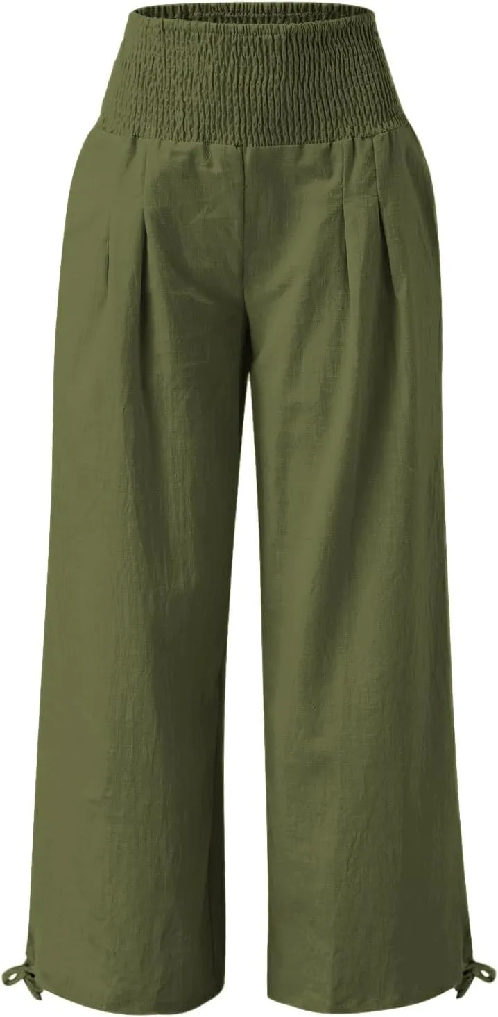 Women Linen Palazzo Pants Summer Wide Leg High Waist Casual Slacks Boho Beach Travel Plus Size Trousers with Pockets