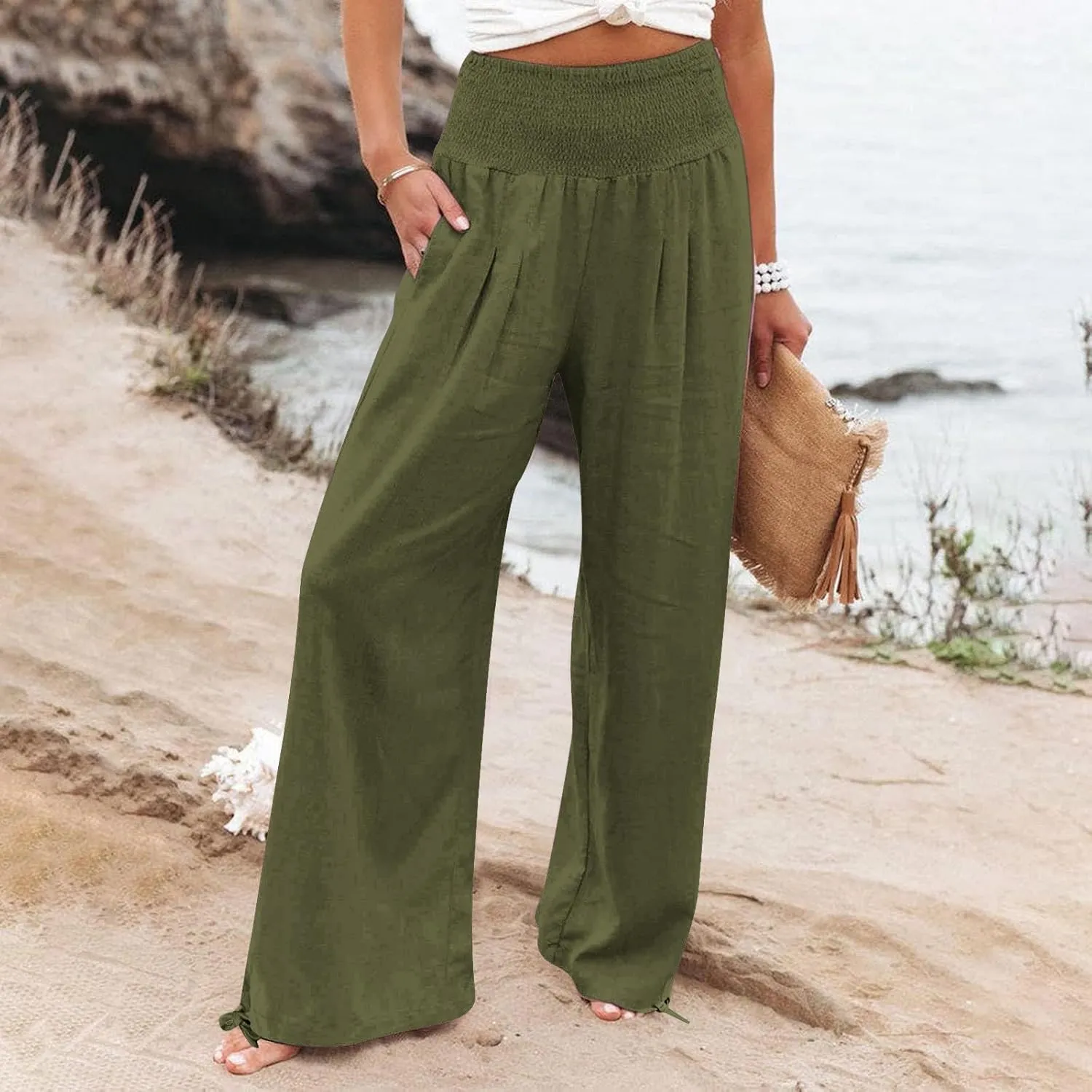 Women Linen Palazzo Pants Summer Wide Leg High Waist Casual Slacks Boho Beach Travel Plus Size Trousers with Pockets