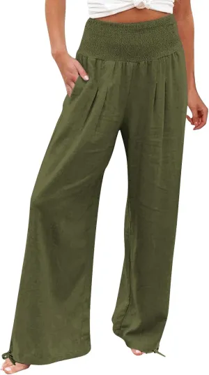 Women Linen Palazzo Pants Summer Wide Leg High Waist Casual Slacks Boho Beach Travel Plus Size Trousers with Pockets