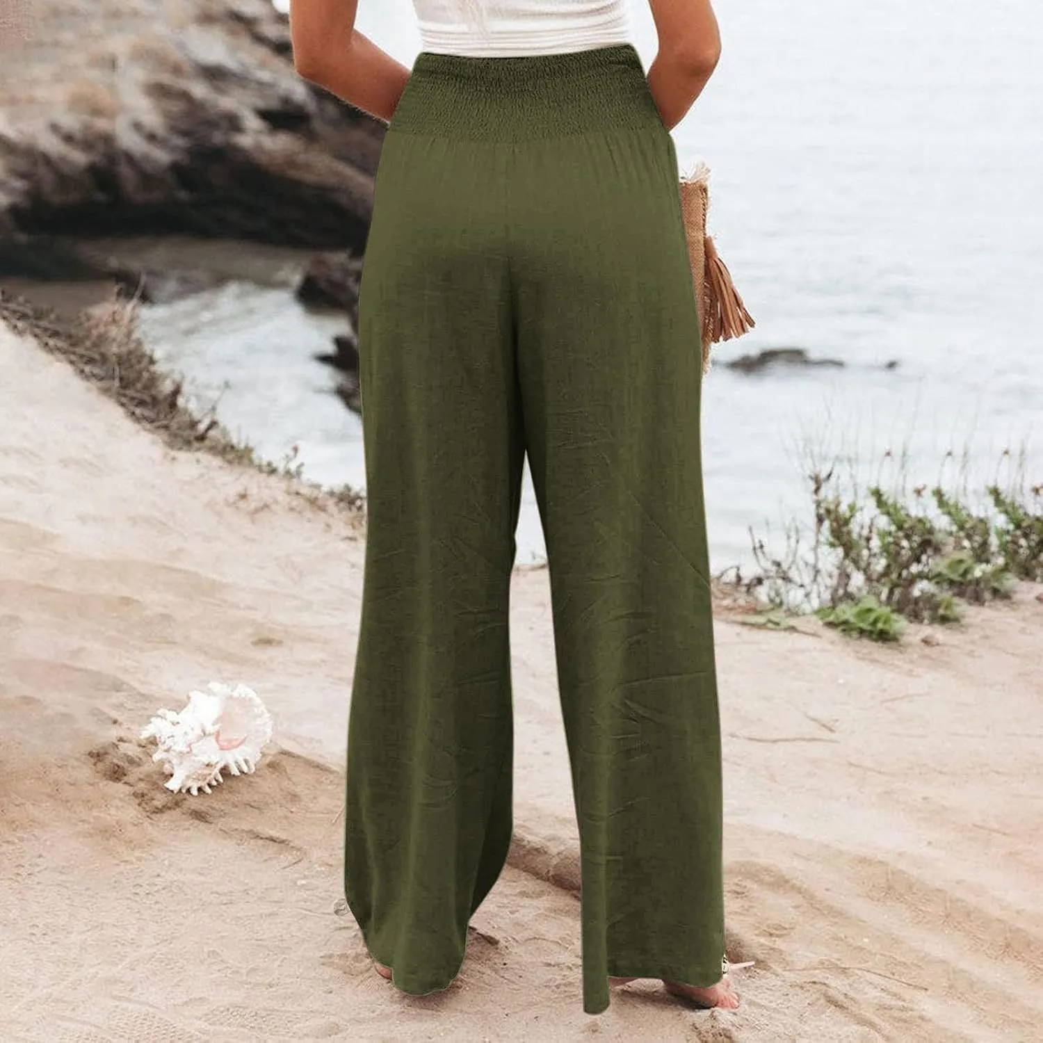 Women Linen Palazzo Pants Summer Wide Leg High Waist Casual Slacks Boho Beach Travel Plus Size Trousers with Pockets