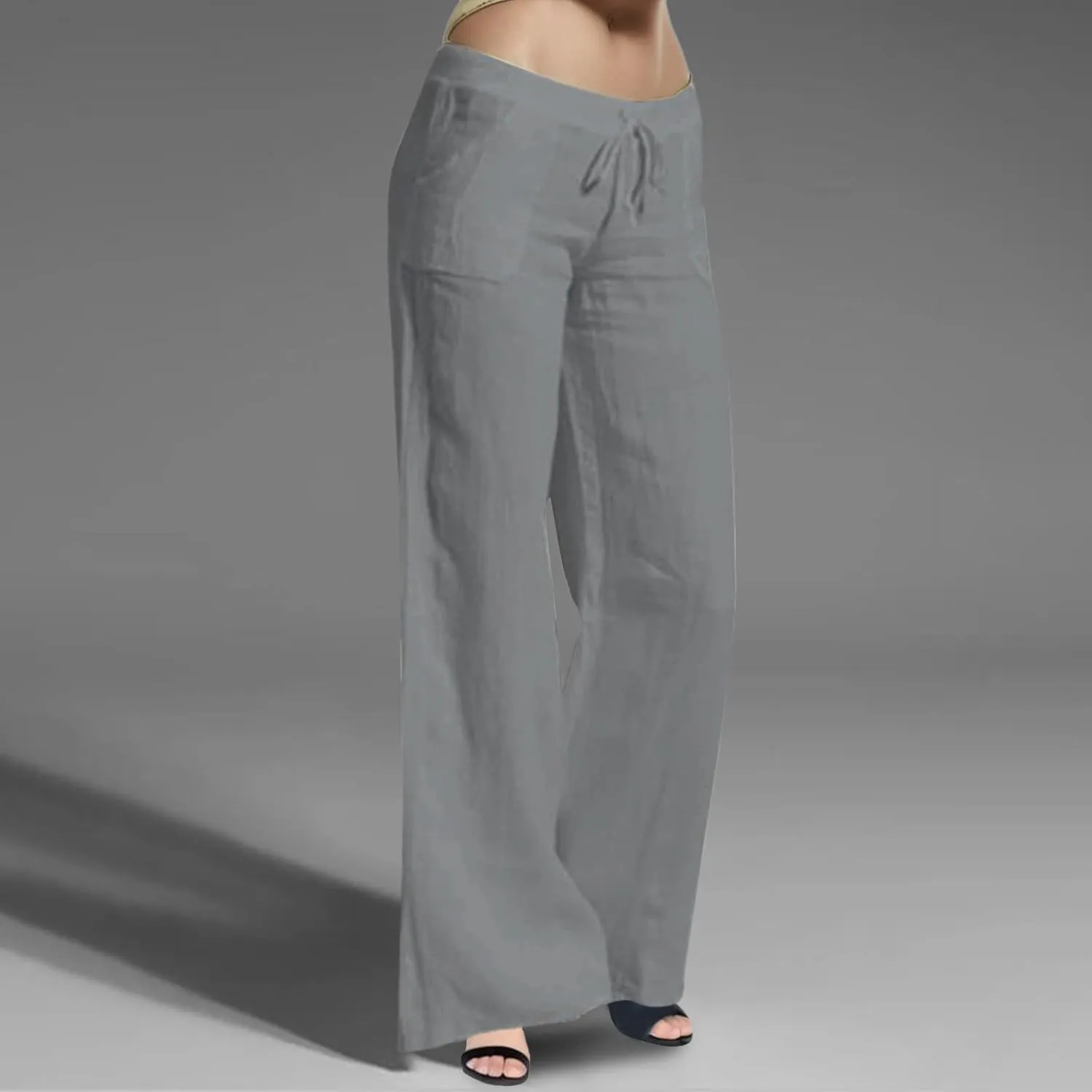 Women Linen Pants 2025 Summer Wide Leg Drawstring High Waisted Palazzo Pants Flowy Lounge Beach Trousers with Pockets