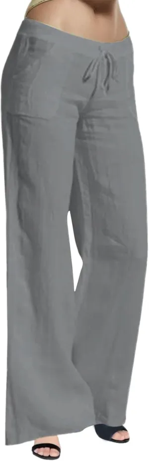 Women Linen Pants 2025 Summer Wide Leg Drawstring High Waisted Palazzo Pants Flowy Lounge Beach Trousers with Pockets