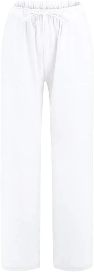 Women Linen Pants 2025 Summer Wide Leg Drawstring High Waisted Palazzo Pants Flowy Lounge Beach Trousers with Pockets