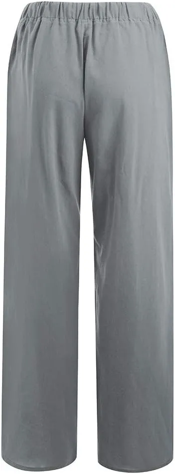 Women Linen Pants 2025 Summer Wide Leg Drawstring High Waisted Palazzo Pants Flowy Lounge Beach Trousers with Pockets
