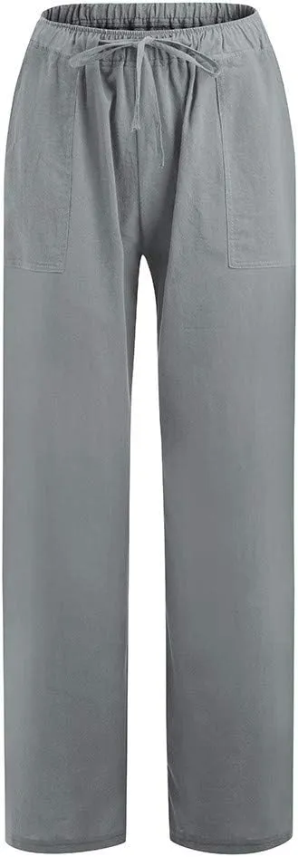 Women Linen Pants 2025 Summer Wide Leg Drawstring High Waisted Palazzo Pants Flowy Lounge Beach Trousers with Pockets