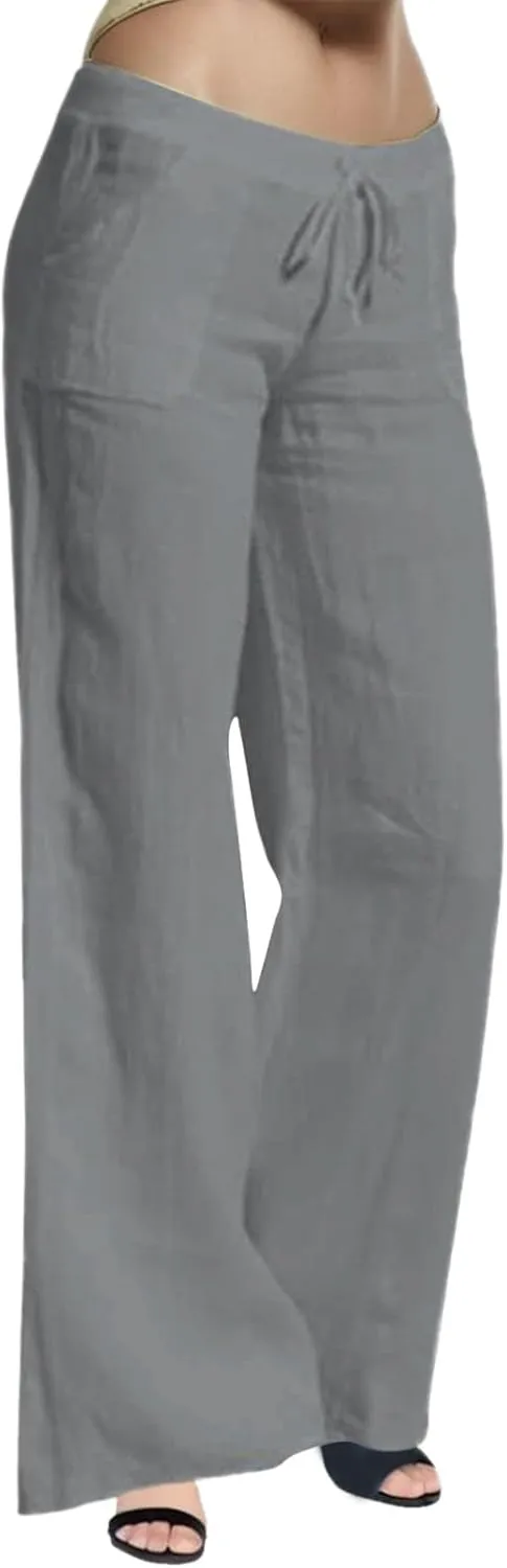 Women Linen Pants 2025 Summer Wide Leg Drawstring High Waisted Palazzo Pants Flowy Lounge Beach Trousers with Pockets
